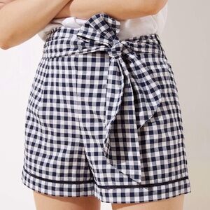 Loft Gingham Paper Bag Shorts Cotton Eyelet Hem Navy Blue White Size Medium